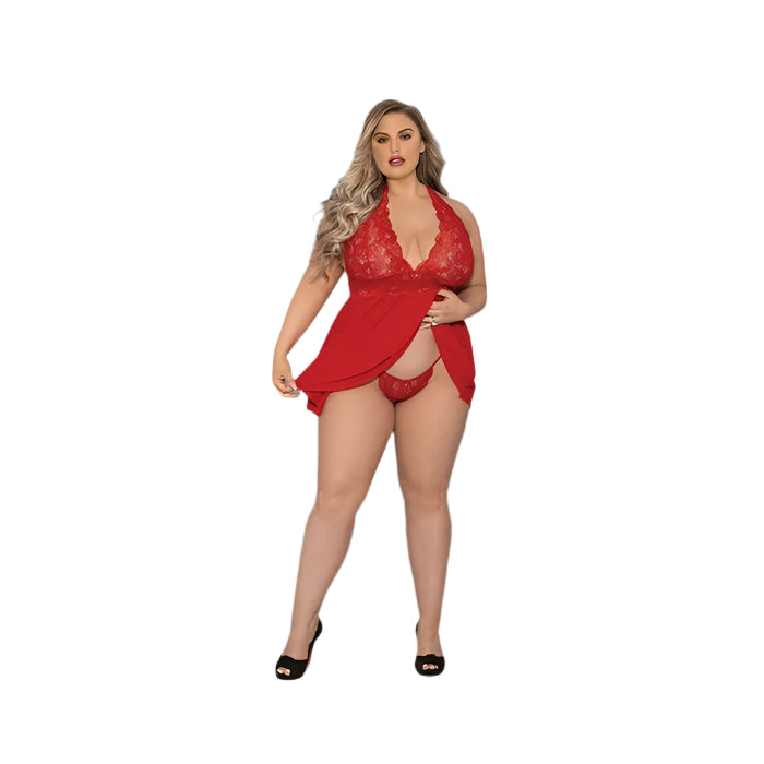 Queen size blonde model wearing Scarlet Seduction Babydoll Set, front view