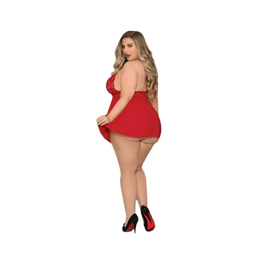 Queen size blonde model wearing Scarlet Seduction Babydoll Set, back view