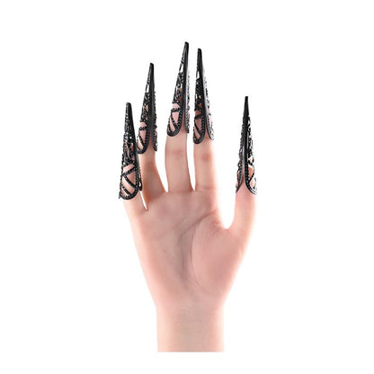 Hand wearing black Sensory Fingertips with unique design, ready for touch