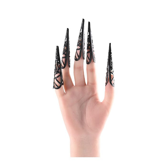 Hand wearing black Sensory Fingertips with unique design, ready for touch