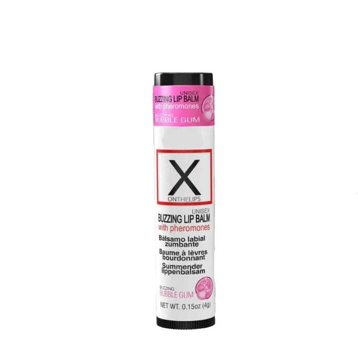 Bubble Gum flavored X On The Lips pheromone-infused buzzing lip balm with lips