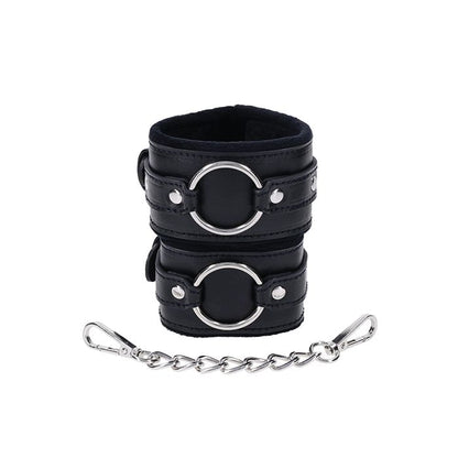 Close-up of Sportsheets Shadow Handcuffs showing plush faux fur lining and metal O-rings