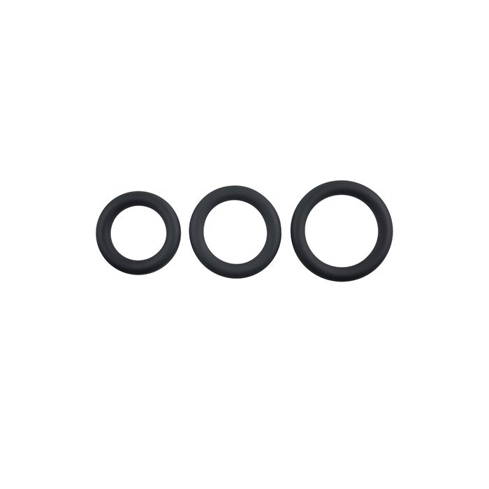 Evolved 3 Ring Circus black silicone cock ring set showing small, medium, and large rings side by side on white background