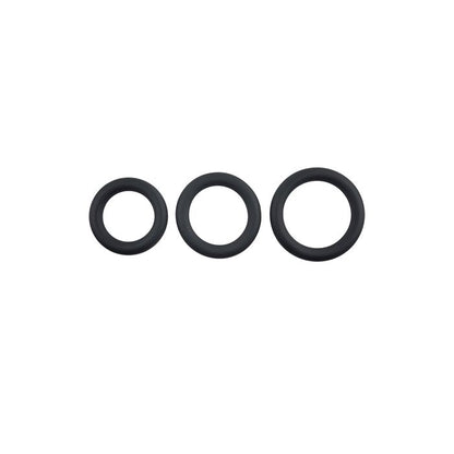 Evolved 3 Ring Circus black silicone cock ring set showing small, medium, and large rings side by side on white background