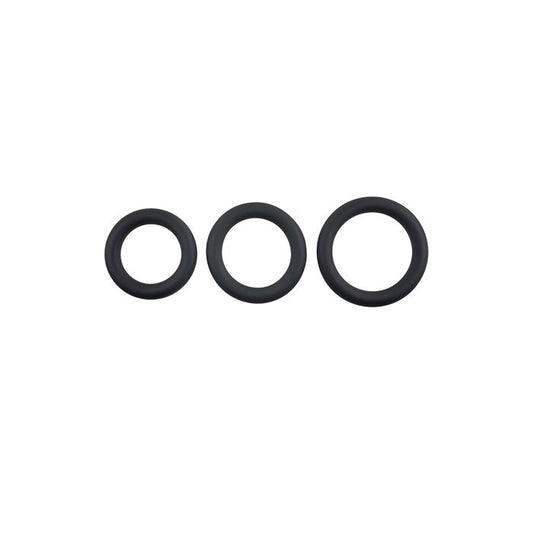 Evolved 3 Ring Circus black silicone cock ring set showing small, medium, and large rings side by side on white background