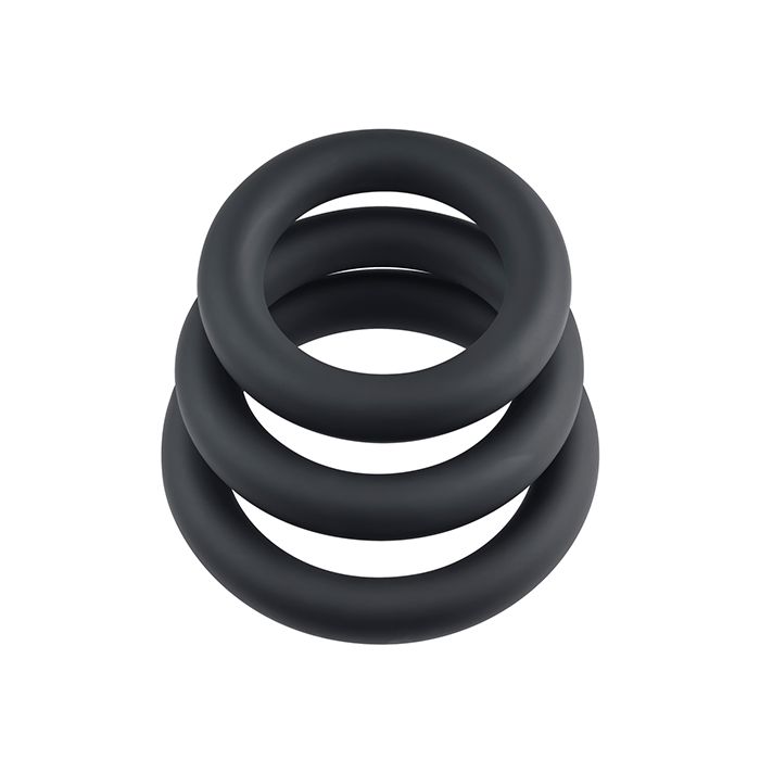 Close-up of 3 Ring Circus penis rings displaying stretchy silicone texture and graduated sizing for customizable erection enhancement