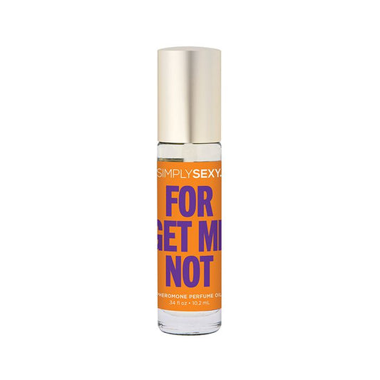 Simply Sexy Forget Me Not Roll-On Pheromone Perfume bottle with cap on, featuring elegant label and compact design.