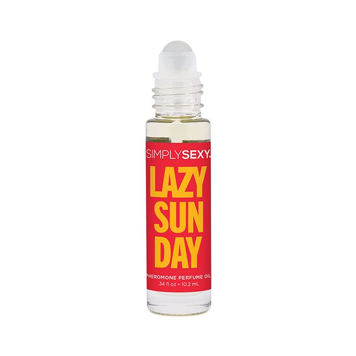 Simply Sexy Lazy Sunday Roll-On Pheromone Perfume bottle with cap off, showing rollerball applicator for smooth, precise application.