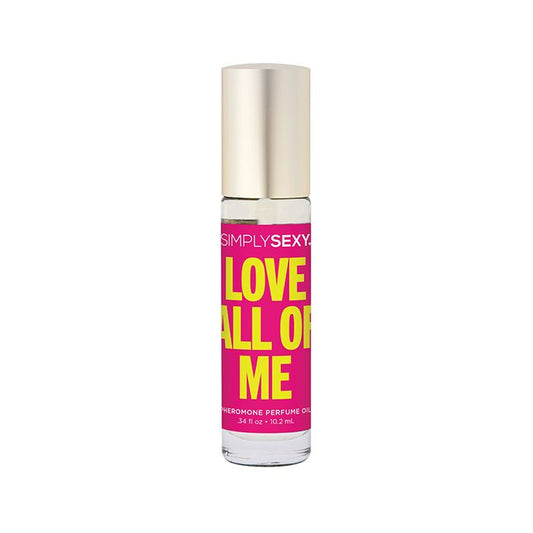 Simply Sexy Love All of Me roll-on pheromone perfume bottle with cap on, featuring elegant label and compact TSA-friendly design.