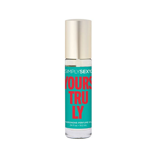 Simply Sexy Yours Truly Roll-On Pheromone Perfume bottle with sleek cap and elegant label design.