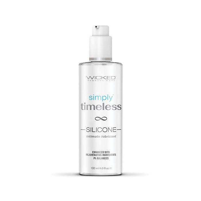 A bottle of Wicked Simply Timeless Silicone Lubricant with a white and blue label, indicating it is a personal lubricant designed for menopausal and perimenopausal symptoms.