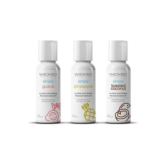 Wicked Simply Tropical Lubricant Trio includes 3 delicious flavors: Guava, Pineapple and Toasted Coconut in a travel friendly trio.