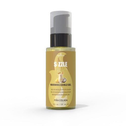 Bottle of Sizzle Lips Warming Edible Gel in Pina Colada flavor; breath-activated warming gel in 2 fl oz bottle on a white background