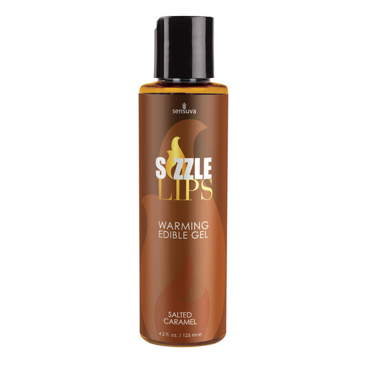 Bottle of Sizzle Lips Warming Edible Gel in Salted Caramel flavor; breath-activated warming gel in 4.2 fl oz bottle on a white background