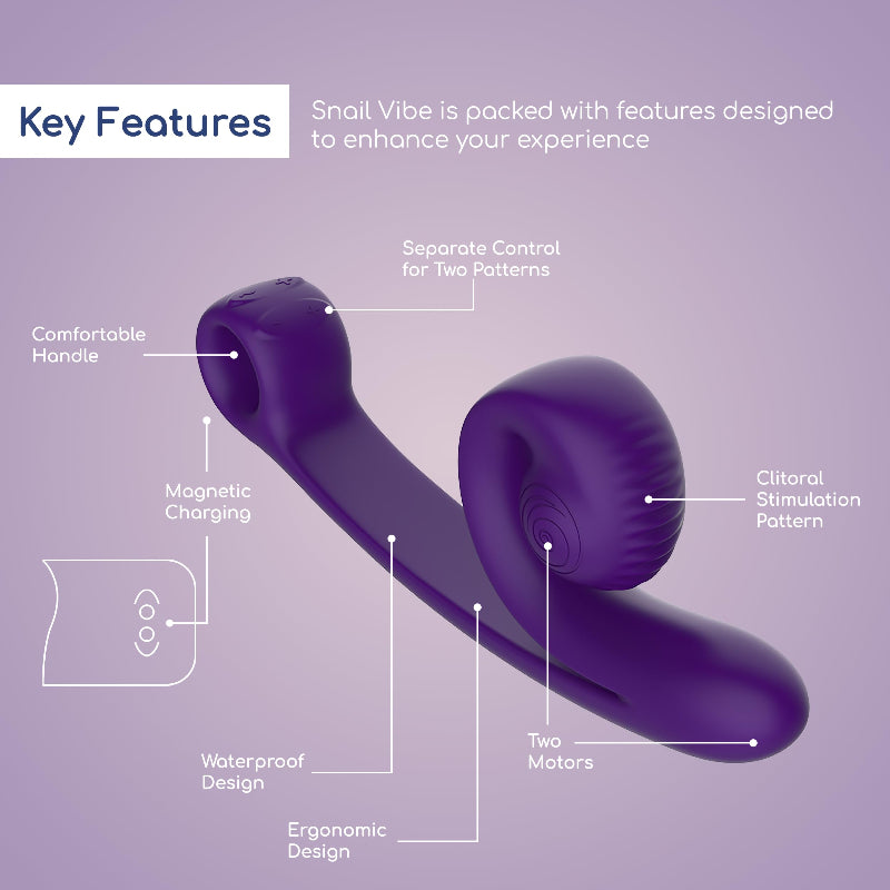 SVibe Snail Curve features with spiral stimulator, dual motors and medical-grade silicone