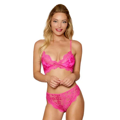 Pink soft cup bralette and panty set with stretch lace, front view - Sugar + Spice by Pure Romance, sizes L-XL
