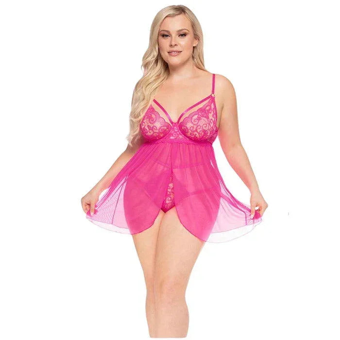 Hot pink strappy babydoll with lace underwire cups and flyaway front, front view - Starlet by Pure Romance, sizes L-Queen