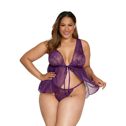 Plum open front babydoll with satin bow tie and floral lace trim, front view - Sugar Plum by Pure Romance, sizes 1X-2X