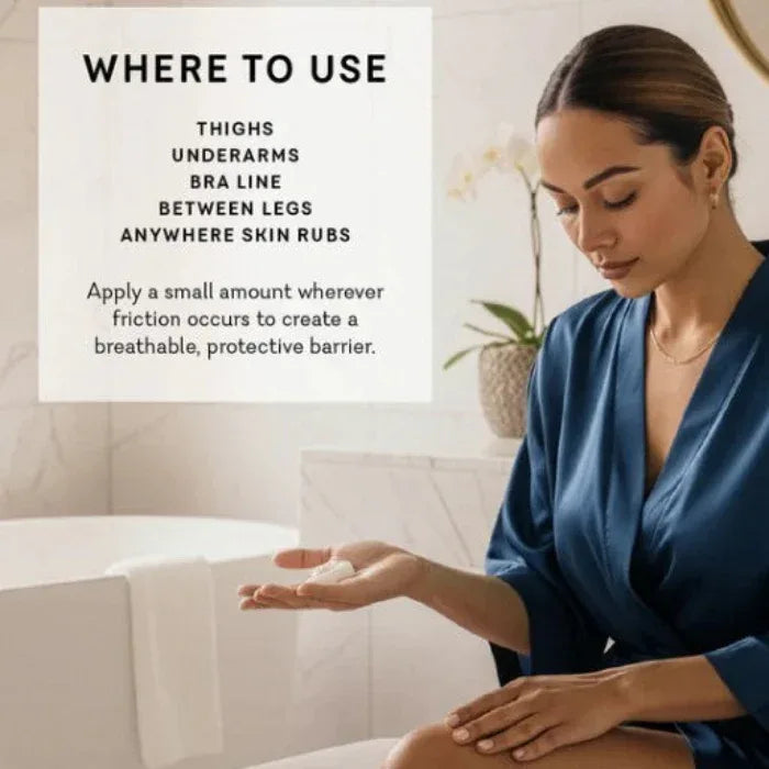 Woman applying Sweat Defense Chafe Escape lotion with text on how to use it