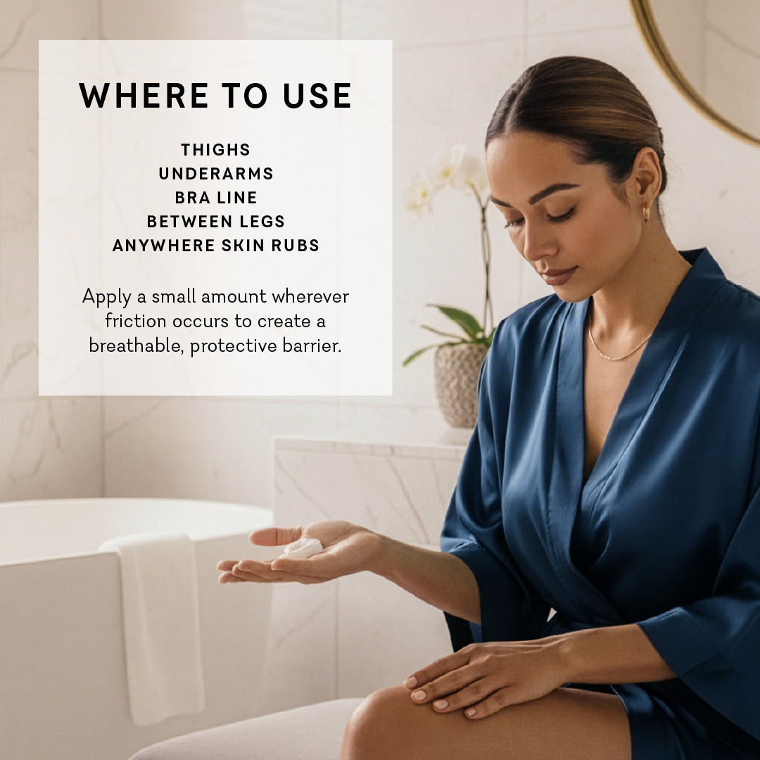 Where to use Coochy Sweat Defense anti-chafing lotion - thighs underarms bra line between legs anywhere skin rubs - woman applying cream to create protective barrier
