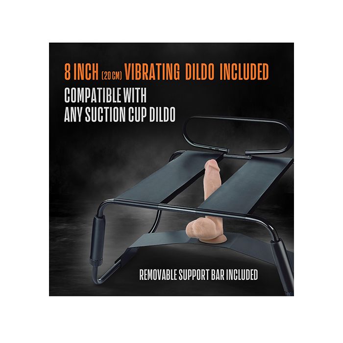 Included 8-inch realistic vibrating dildo attached under seat of Blush Temptasia Surrender Chair