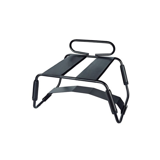 Front view of Blush Temptasia Surrender Sex Chair in black with adjustable height and sturdy iron frame on white background