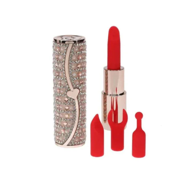 Loveline Tiffany lipstick vibrator by Shots showing 4 interchangeable silicone heads for customized pleasure