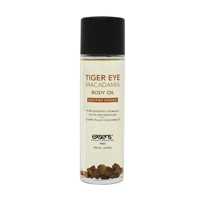 Tiger Eye Macadamia Crystal Body Oil by Exsens with protective tiger eye crystals and moisturizing macadamia oil