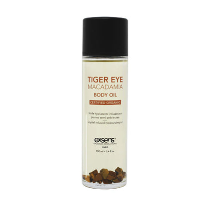 Exsens Tiger Eye Macadamia Crystal Body Oil with tiger eye stones, crafted for grounding energy and protection