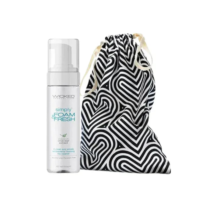 Toy Care Kit display: Simply Foam & Fresh 7oz foaming cleaner bottle beside Bomba cotton drawstring bag.