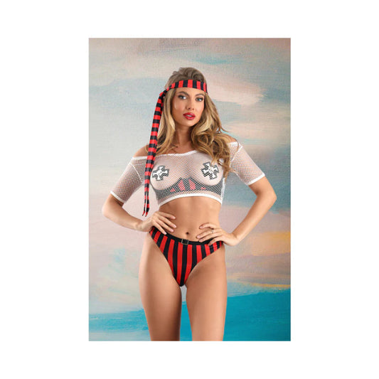 Woman modeling Treasured Pirate Costume Set showcasing bold, curve-enhancing design and stylish details of white mesh crop top, buckle detail bottom and stripped head scarf.