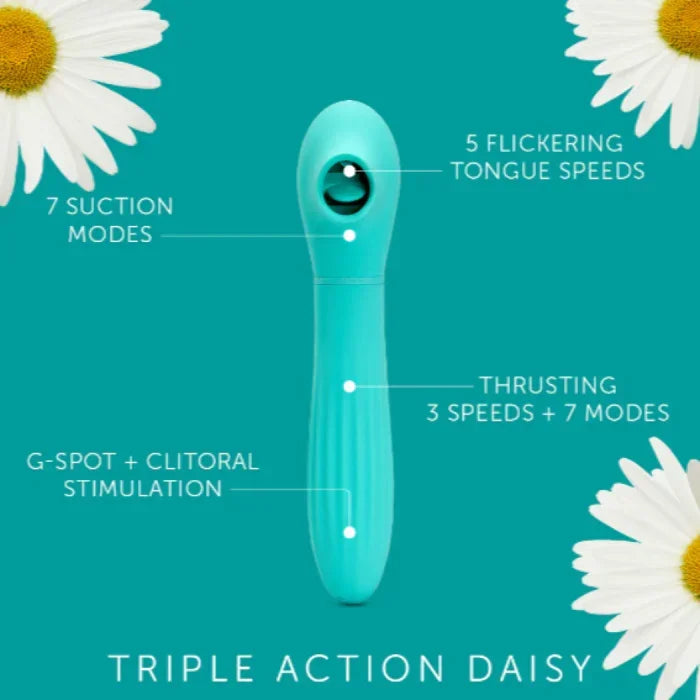 Triple Action Daisy dual-stimulation vibrator in electric blue with suction, flickering tongue, and thrusting features for g-spot and clitoral stimulation