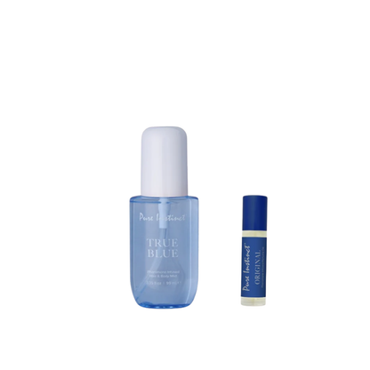 True Blue Elixir Pheromone Set featuring Hair and Body Mist with Basic Instinct pheromone roll-on fragrance duo