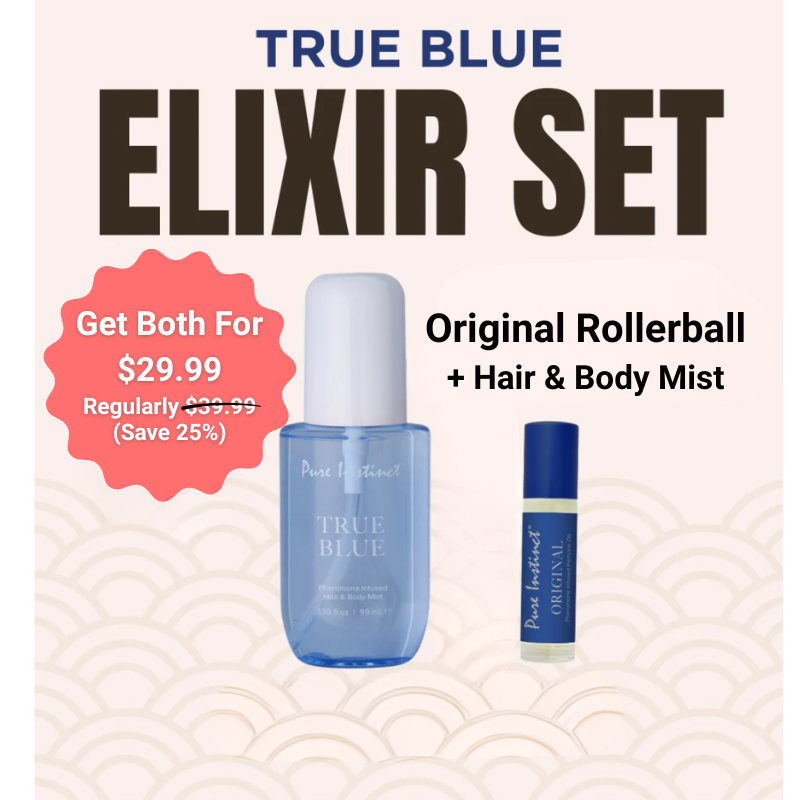 Promotional graphic for True Blue Elixir Set with rollerball and hair & body mist on a light background.