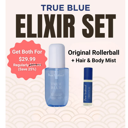 Promotional graphic for True Blue Elixir Set with rollerball and hair & body mist on a light background.