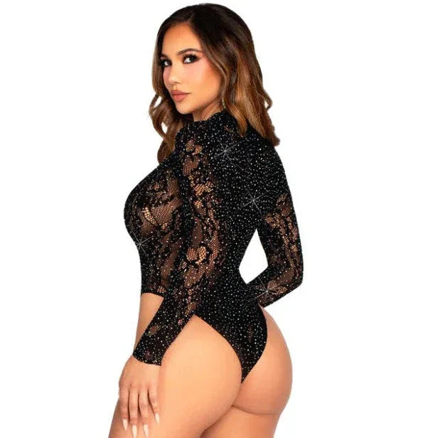 Back view of leg avenue VIP Status lace bodysuit with snap closure