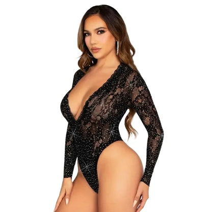 Side profile of VIP Status lace bodysuit flattering fit by Leg Avenue