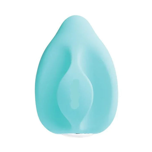 Yumi rechargeable finger vibe with textured nub tip and ergonomic finger fit, turquoise color.

