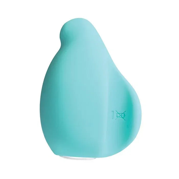 Side view of Yumi rechargeable finger vibe showing ergonomic curved design and textured nub tip in turquoise silicone.