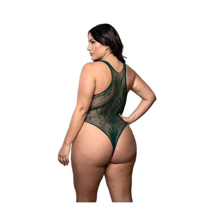Plus-size model displaying the back of the emerald green lace teddy, highlighting the seamless support, adjustable straps, and open-back style for a flattering look.