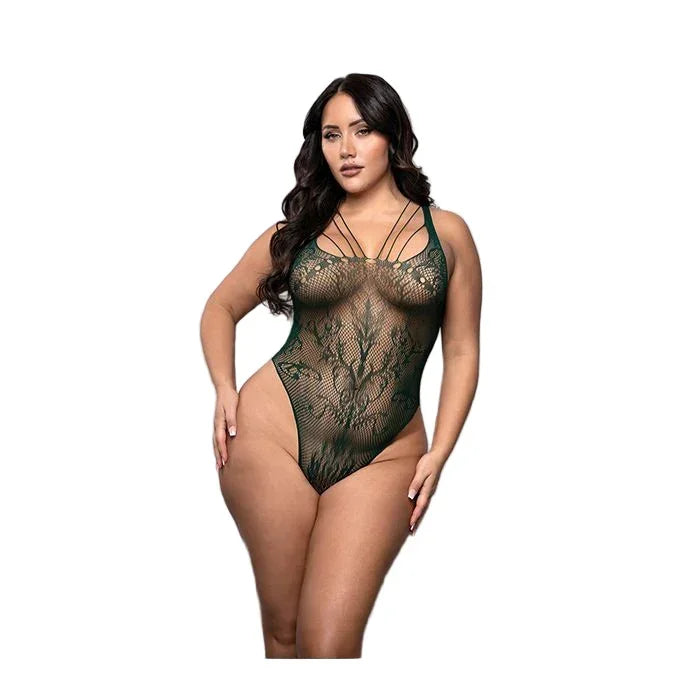 Plus-size model wearing the emerald green lace teddy, showcasing the front fit with seamless, curve-hugging design, and strappy details for confidence and comfort.