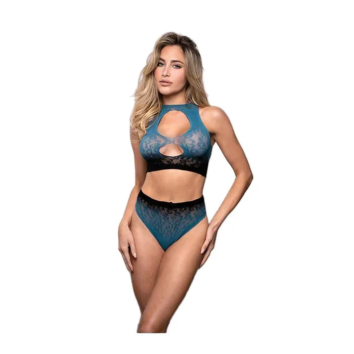 Ombre leopard knit crop top and matching panty set with cut-out details, blue to black fade, front view - model size reference: O/S, 32–38 inch bust, 34–38 inch hips