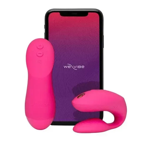 We-Vibe Chorus Pro app-controlled couples vibrator in pink with smartphone