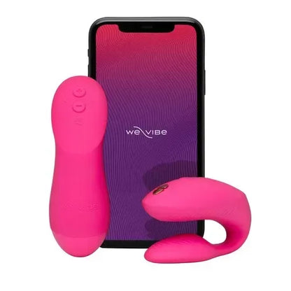 We-Vibe Chorus Pro app-controlled couples vibrator in pink with smartphone
