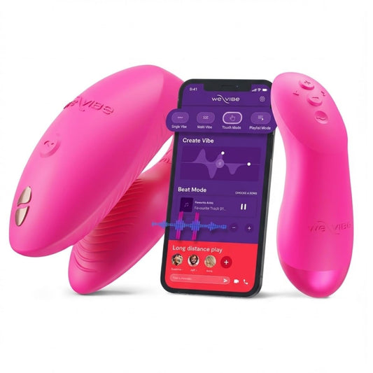 We-Vibe Chorus Pro app-controlled couples vibrator in pink with smartphone we-connect app features