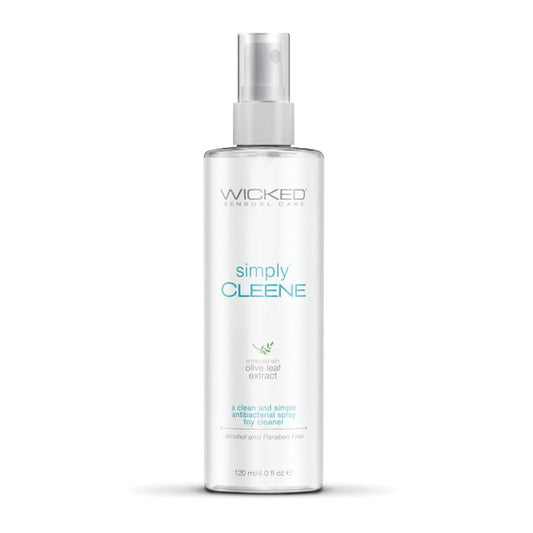 A white spray bottle labeled Wicked Sensual Care Simply Cleene Antibacterial Toy Spray shown upright with easy spray nozzle for convenient cleansing.