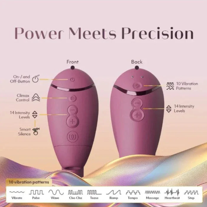 Womanizer Next Duo button layout diagram in purple: front view shows power on/off, Climax Control, 14-intensity controls, and Smart Silence; back view highlights 10 vibration patterns with 14 intensity levels—Power Meets Precision