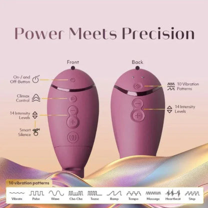 Womanizer Next Duo button layout diagram in purple: front view shows power on/off, Climax Control, 14-intensity controls, and Smart Silence; back view highlights 10 vibration patterns with 14 intensity levels—Power Meets Precision