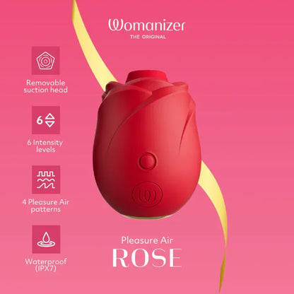 Womanizer Rose features: 10 intensity levels, waterproof IPX7, USB rechargeable, Pleasure Air Technology