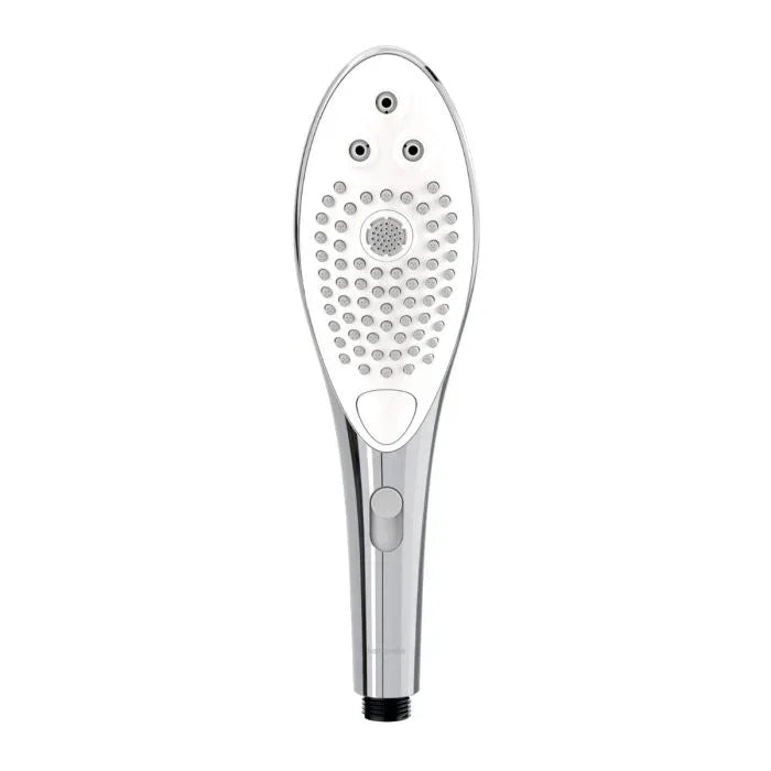 Close-up of Womanizer Wave shower head nozzle showing dual spray and suction modes